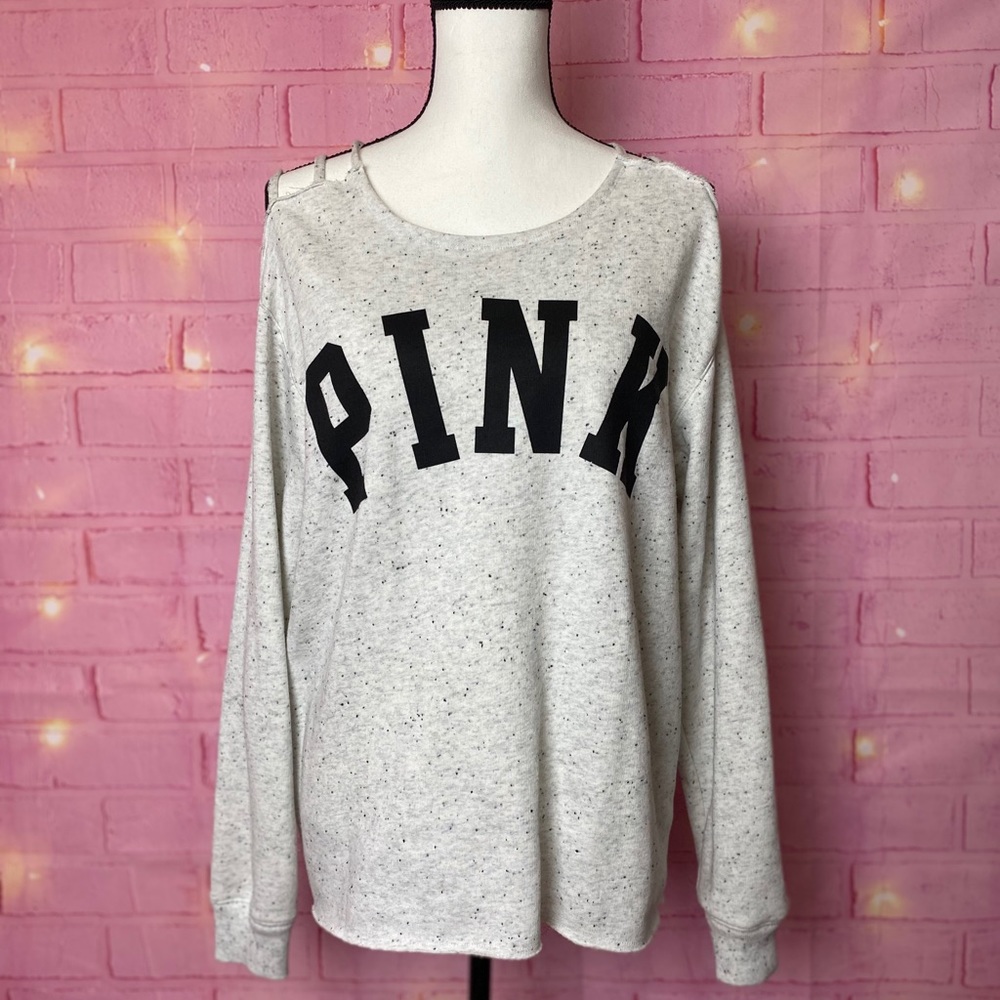 NWOT PINK VS Logo Crew Neck Open Shoulder Sweater